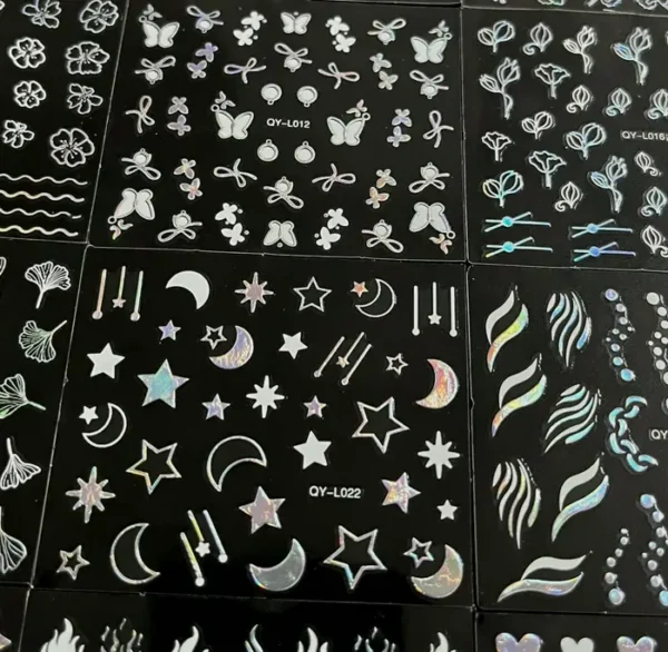 Thirty Sheet Metallic Nail Art Stickers Aurora Laser 3D Designs