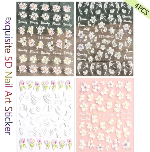 Embossed Flower Manicure Art Decals (Four Sheets)